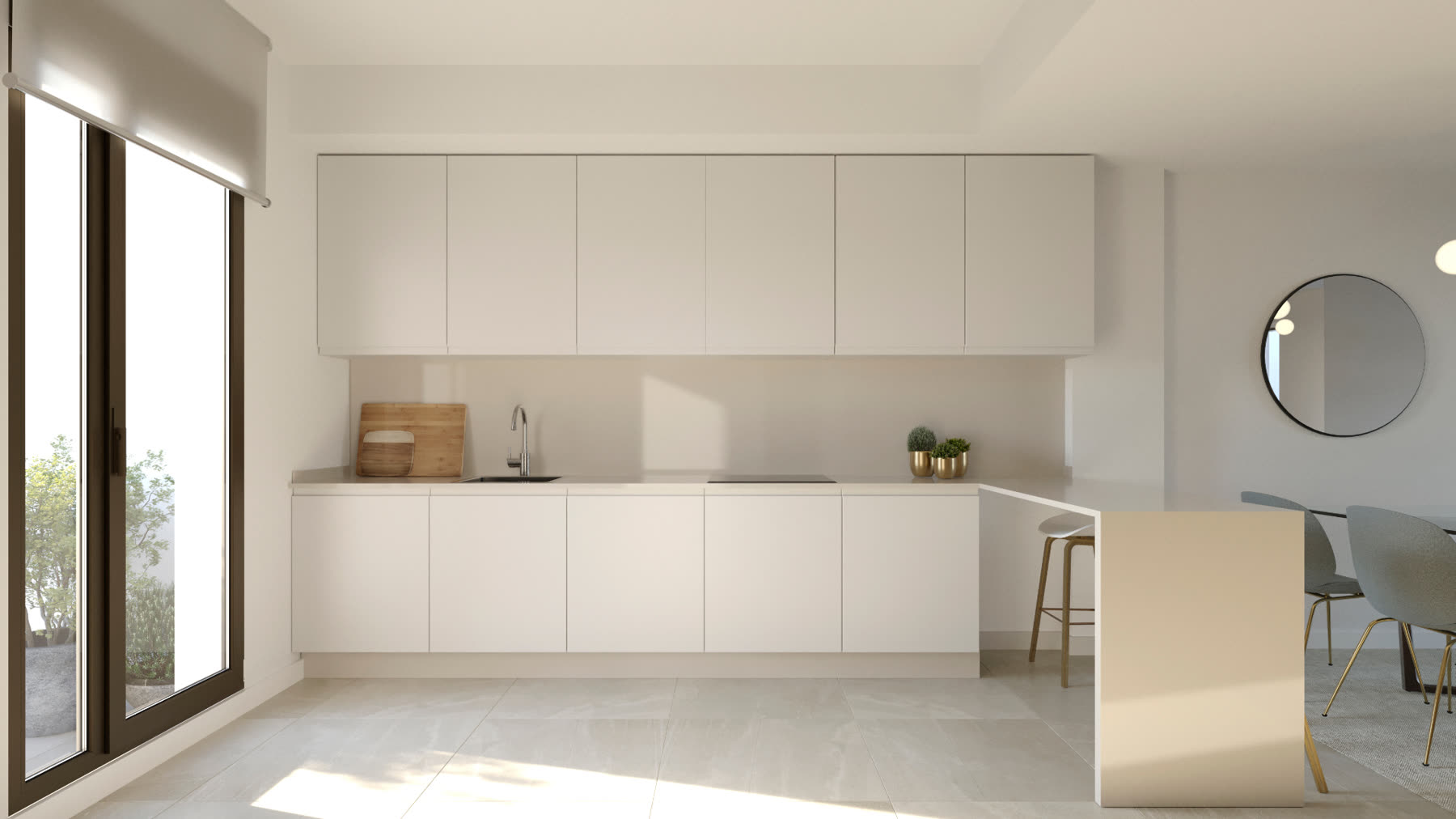 Cocina abierta con acabados mate y luz natural