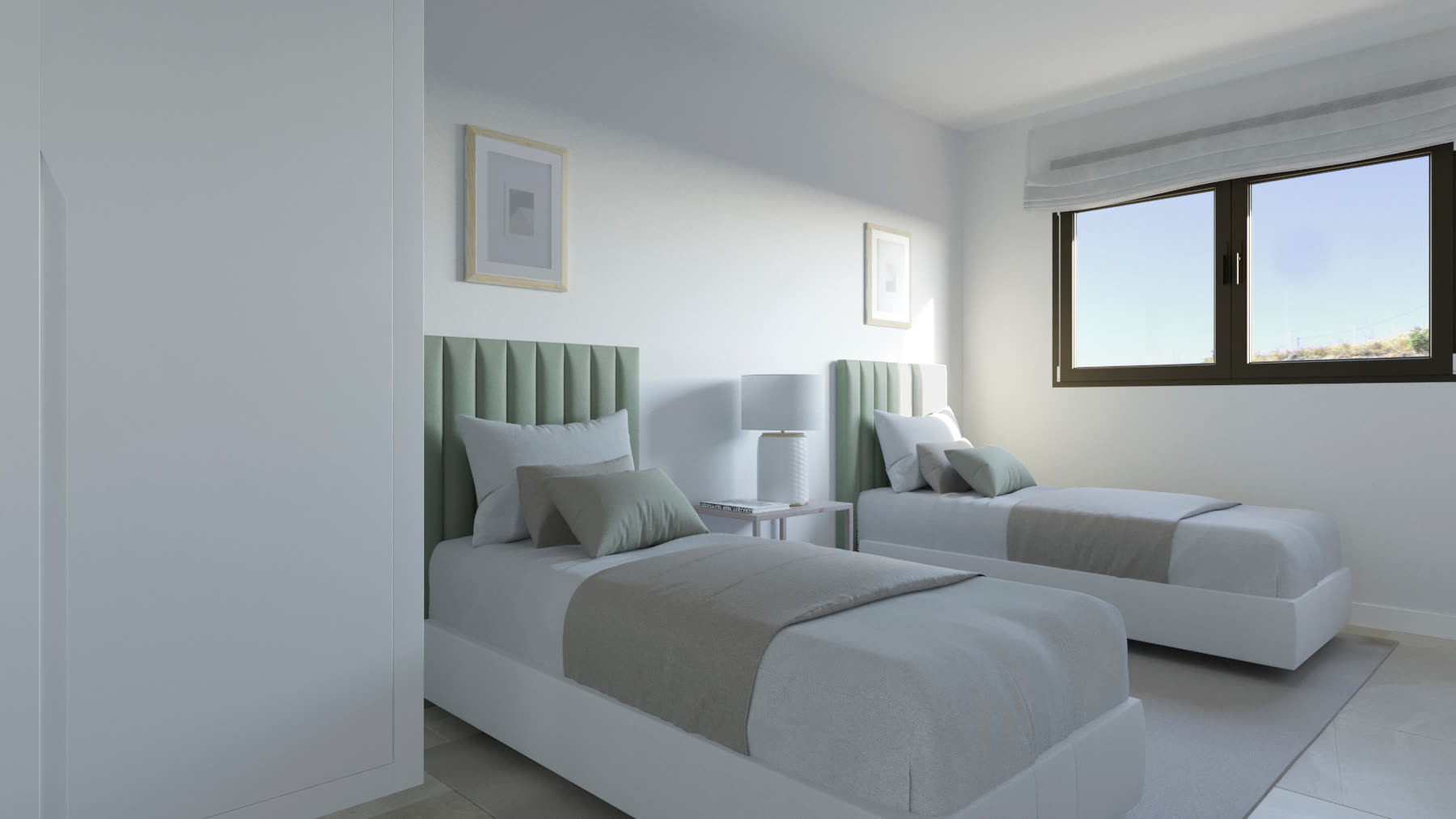 Dormitorio secundario con dos camas y textiles suaves