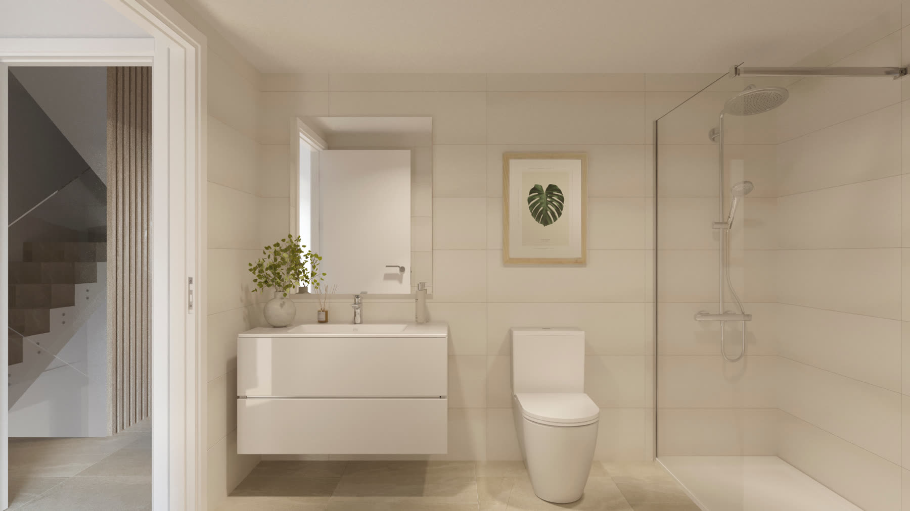 Baño con ducha efecto lluvia y acabados cálidos